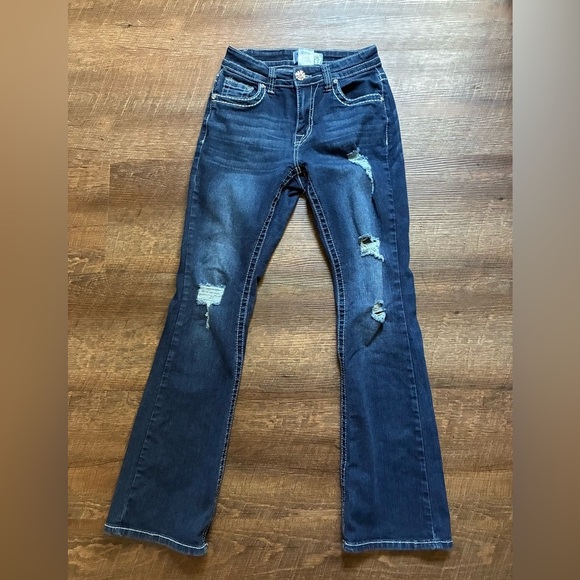 Y JEANS Los Angeles Y2K denim low rise flare distressed bling pockets cross 3/4 - Picture 2 of 15
